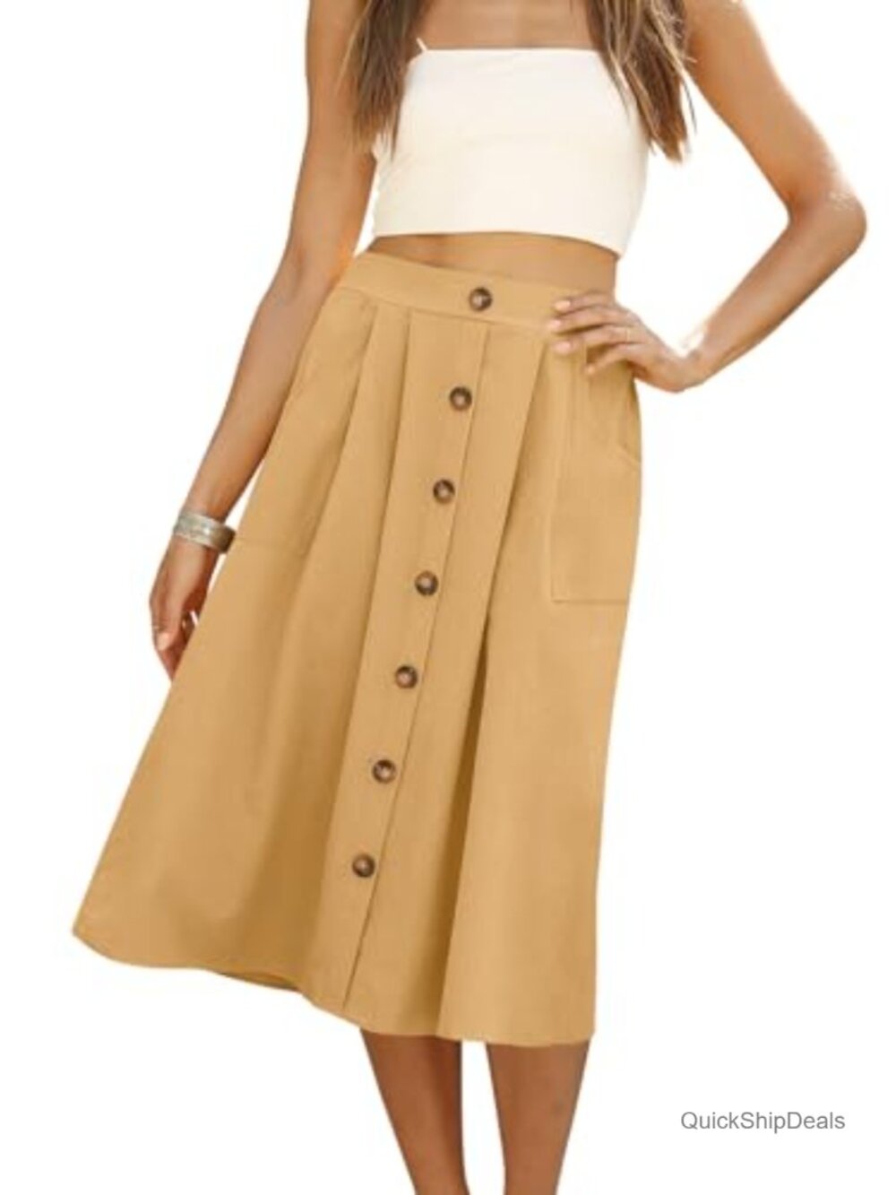 Women's High Waisted A-Line Midi Skirt with Pockets Button Front